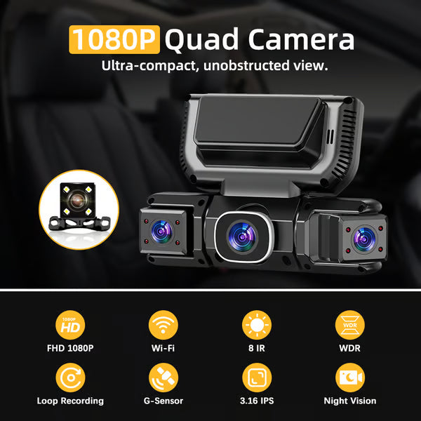 1080P HD 4 Lens 360° Dashcam for 24-hour Parking Monitoring With WiFi Link,3.16-Inch IPS Screen