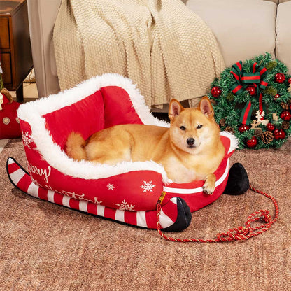 🎁🔥Festive Plush Cozy Dog Bed - Christmas Sleigh