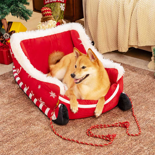 🎁🔥Festive Plush Cozy Dog Bed - Christmas Sleigh