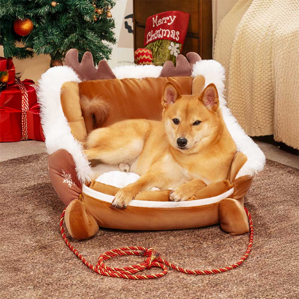 🎁🔥Festive Plush Cozy Dog Bed - Christmas Sleigh